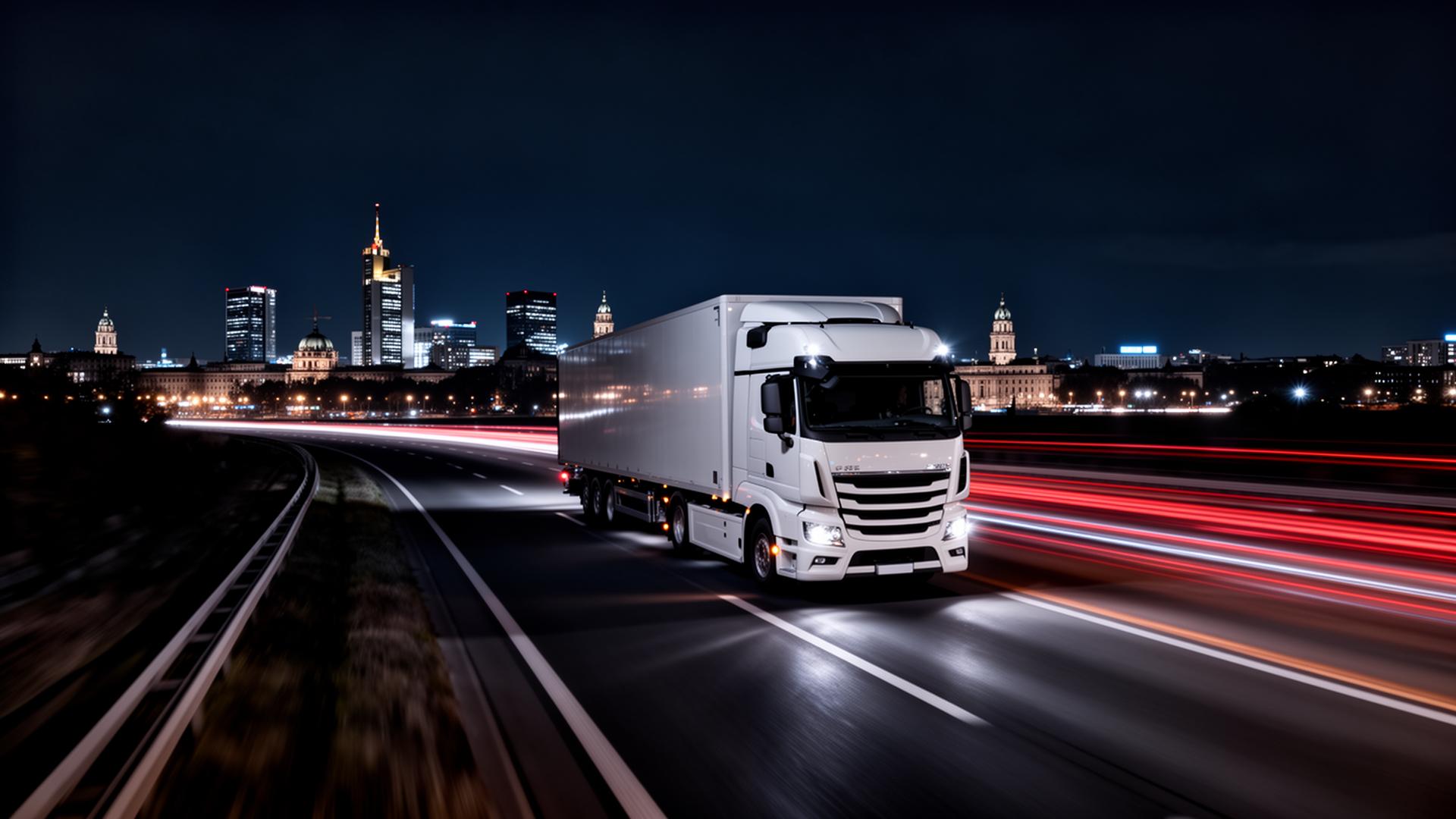 KJ Cargo truck on European highway at night — Berlin to EU logistics